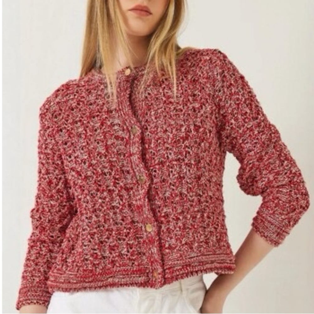 Mango Red Tweed Button-Up Cardigan